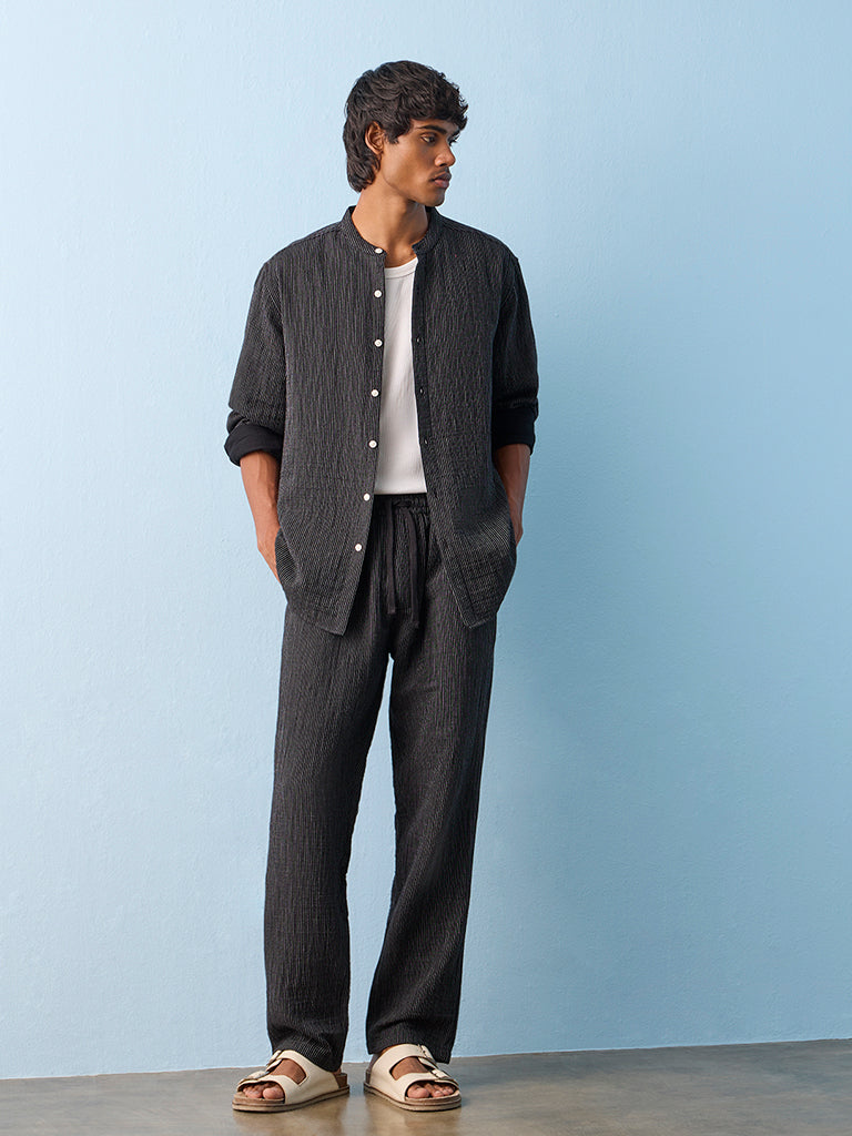 ETA Black Striped Relaxed-Fit Mid-Rise Cotton Pants