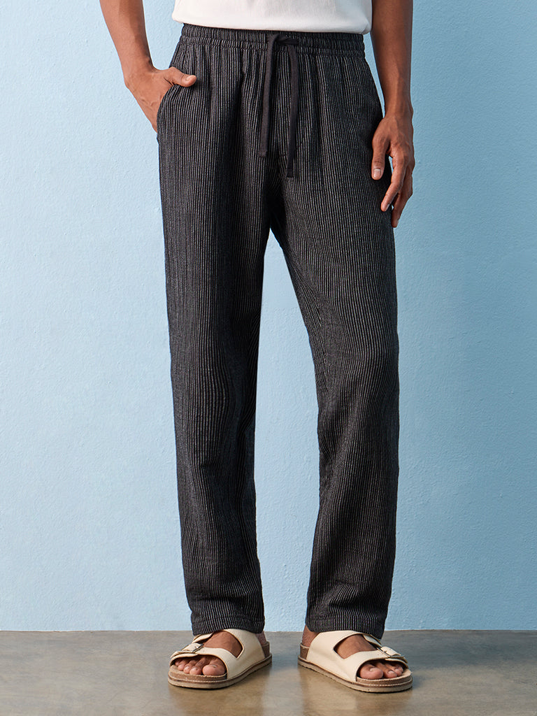ETA Black Striped Relaxed-Fit Mid-Rise Cotton Pants