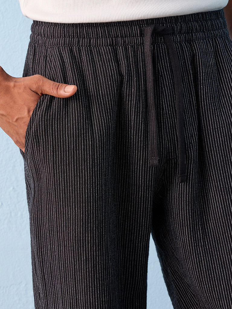 ETA Black Striped Relaxed-Fit Mid-Rise Cotton Pants
