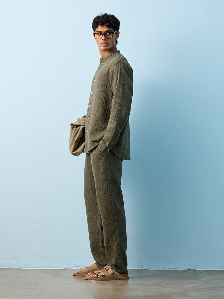 ETA Olive Striped Relaxed-Fit Mid-Rise Cotton Pants