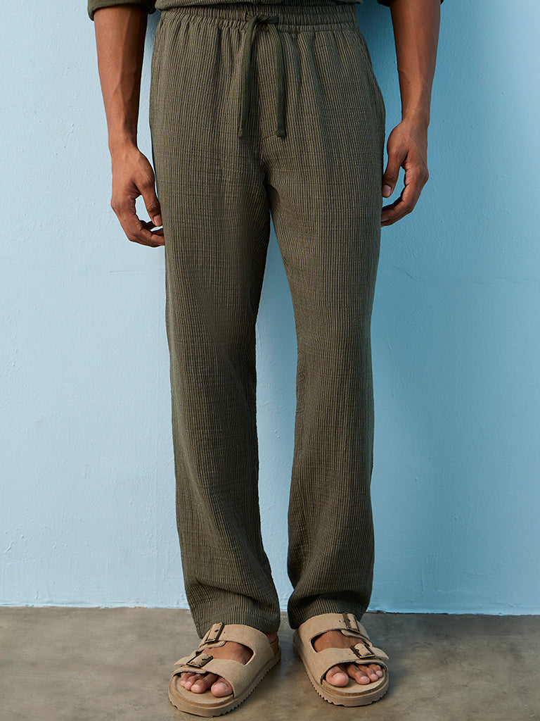 ETA Olive Striped Relaxed-Fit Mid-Rise Cotton Pants