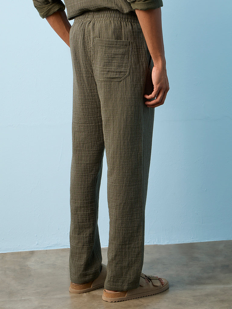 ETA Olive Striped Relaxed-Fit Mid-Rise Cotton Pants