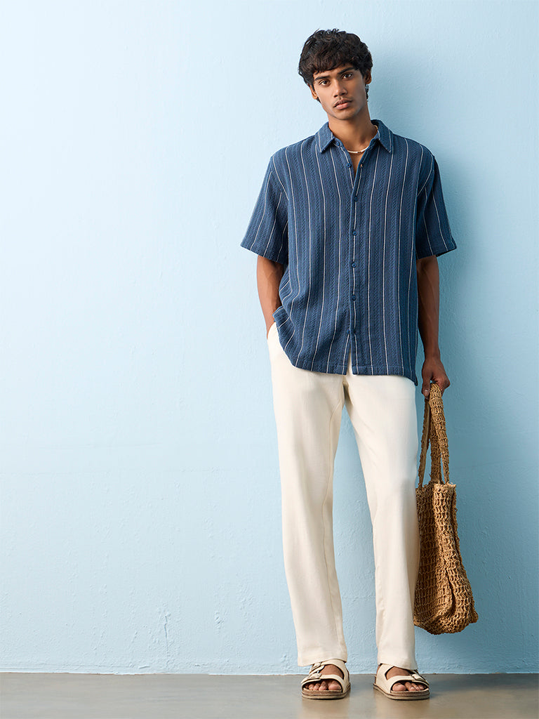 ETA Indigo Stripe Embroidered Relaxed-Fit Cotton Shirt