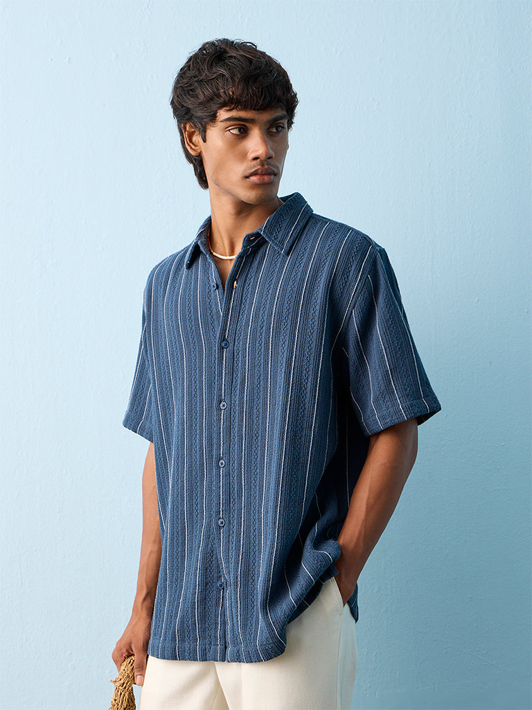 ETA Indigo Stripe Embroidered Relaxed-Fit Cotton Shirt