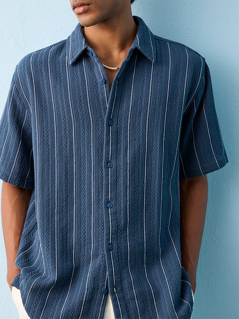 ETA Indigo Stripe Embroidered Relaxed-Fit Cotton Shirt