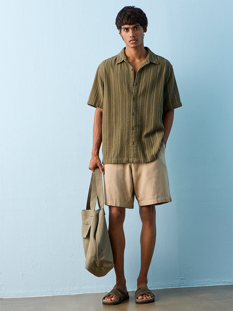 ETA Olive Striped Relaxed-Fit Cotton Shirt