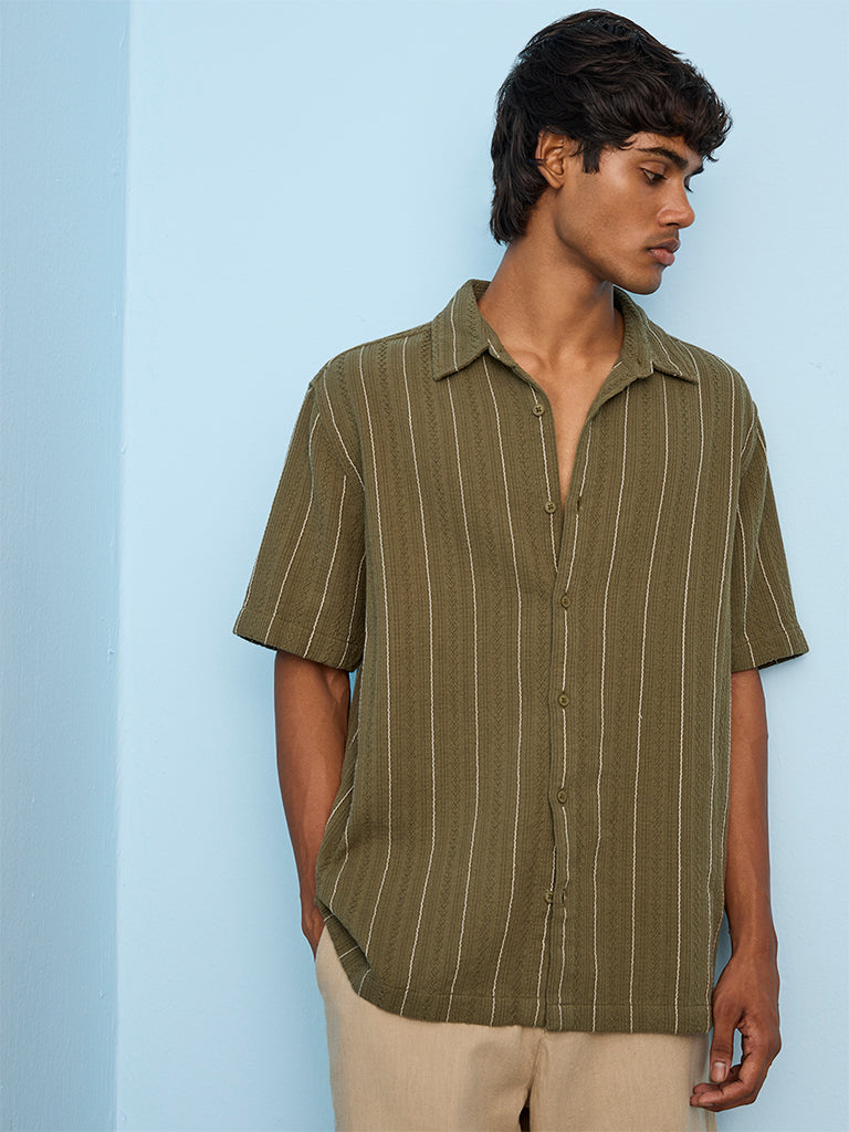 ETA Olive Striped Relaxed-Fit Cotton Shirt