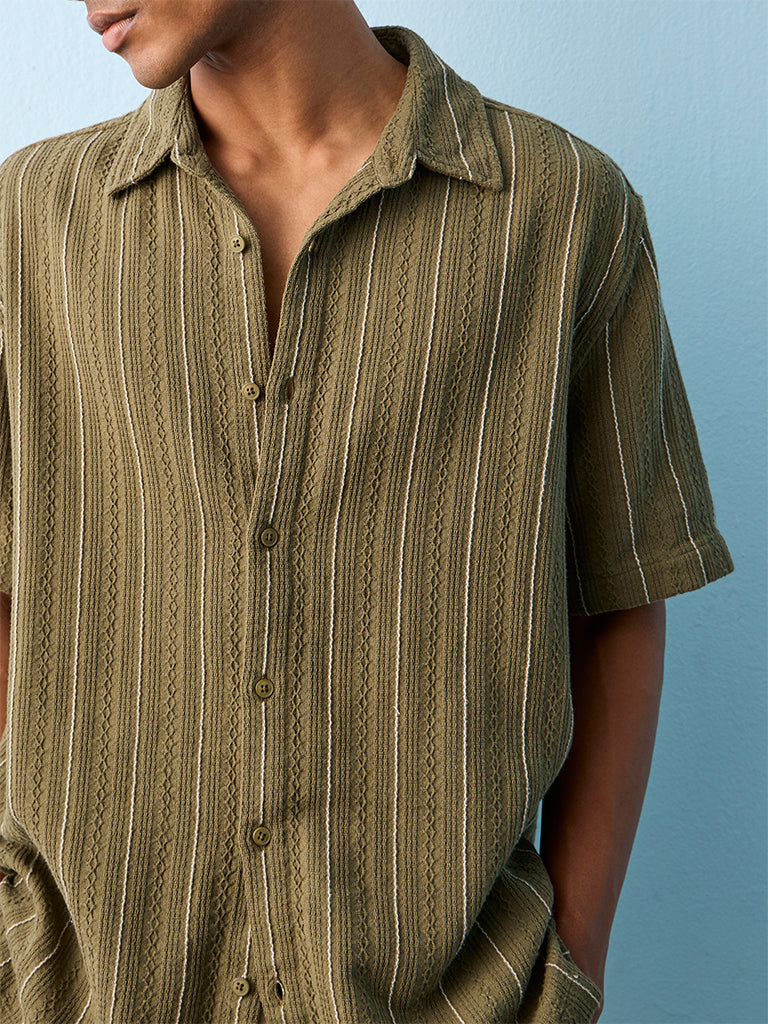 ETA Olive Striped Relaxed-Fit Cotton Shirt