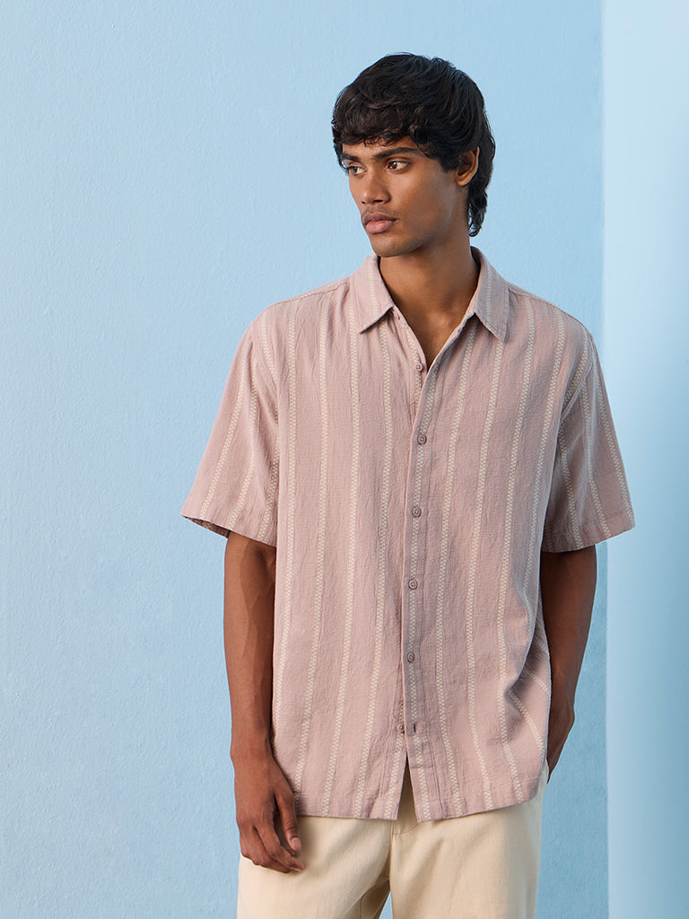 ETA Dusty Pink Striped Relaxed-Fit Cotton Shirt