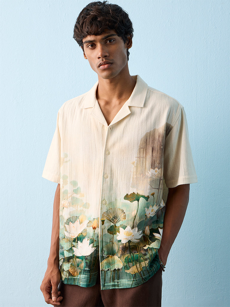 ETA Off-White Floral Printed Relaxed-Fit Cotton Shirt