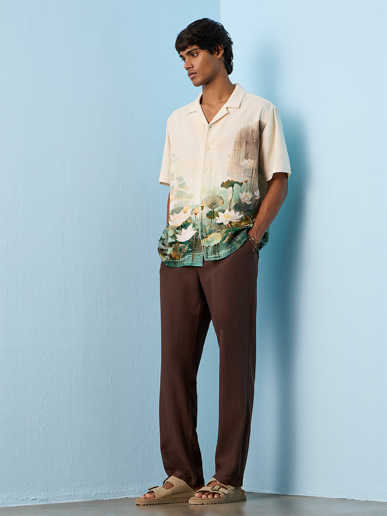 ETA Off-White Floral Printed Relaxed-Fit Cotton Shirt