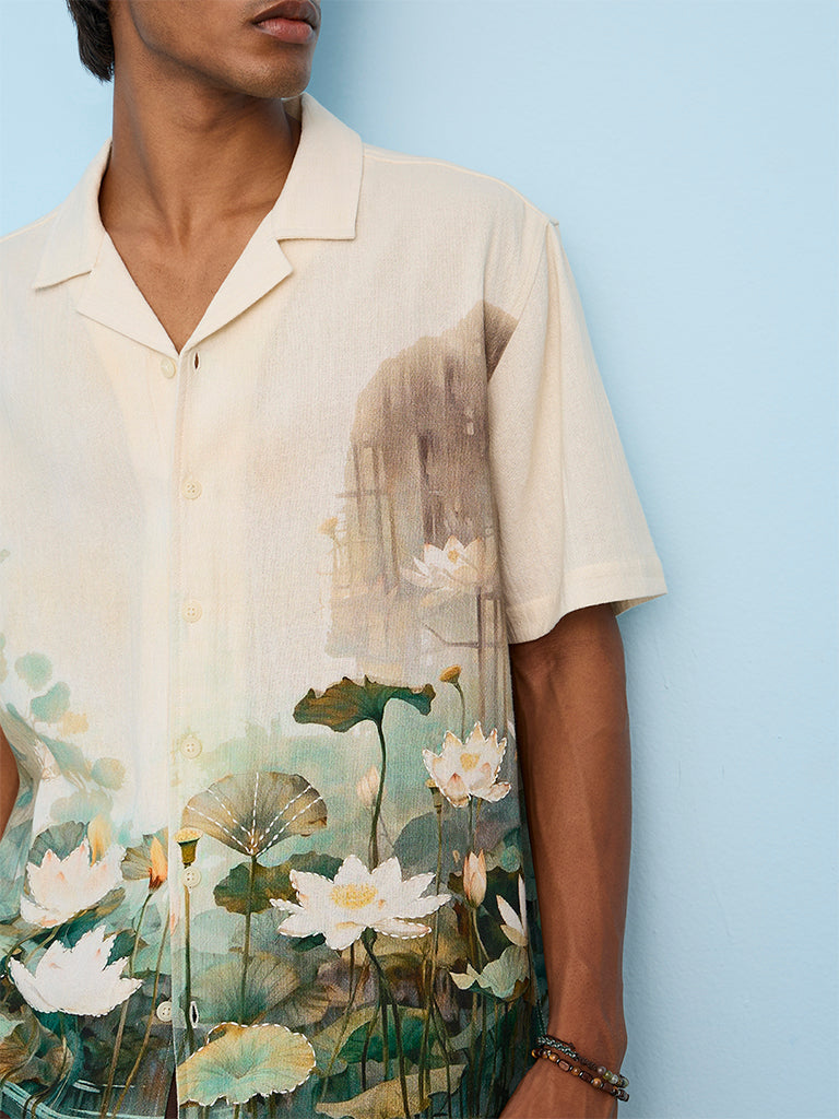 ETA Off-White Floral Printed Relaxed-Fit Cotton Shirt