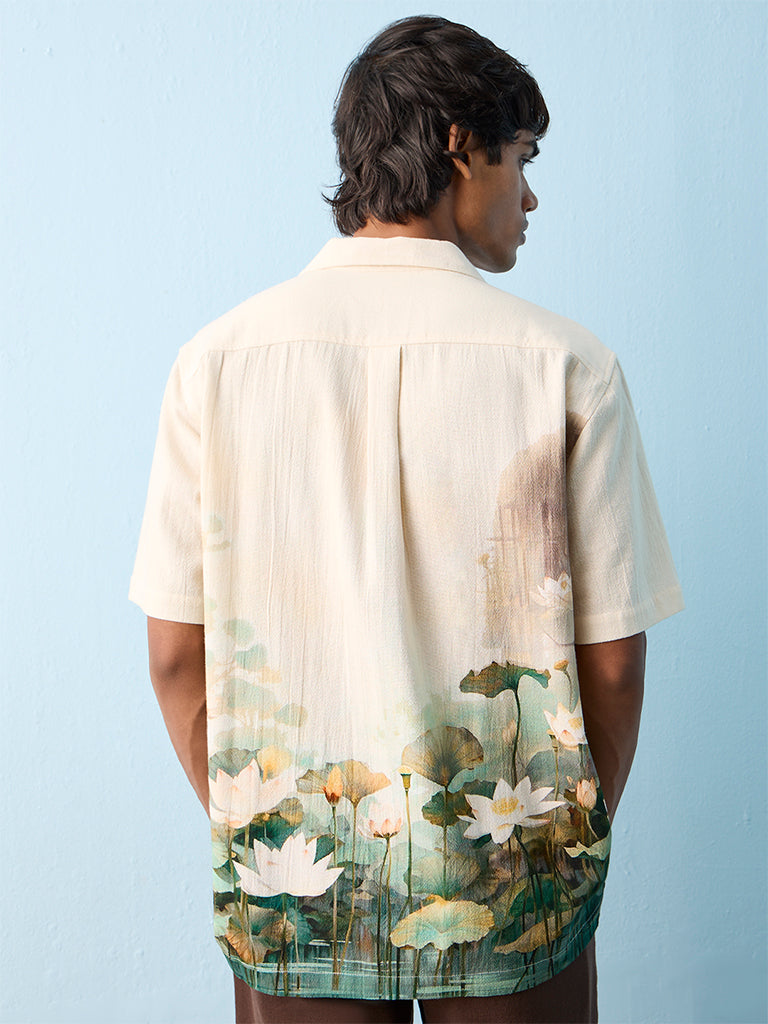 ETA Off-White Floral Printed Relaxed-Fit Cotton Shirt