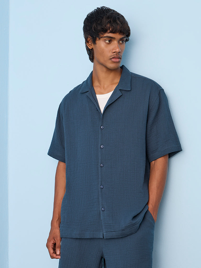 ETA Indigo Crinkle-Textured Relaxed-Fit Cotton Shirt