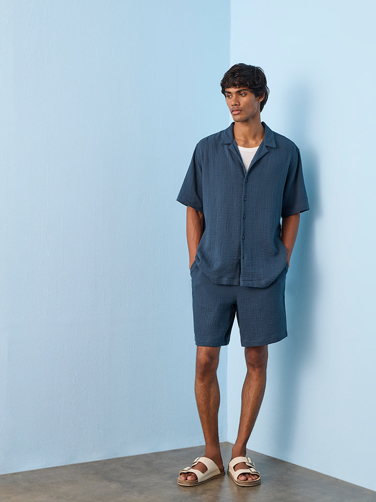 ETA Indigo Crinkle-Textured Relaxed-Fit Cotton Shirt
