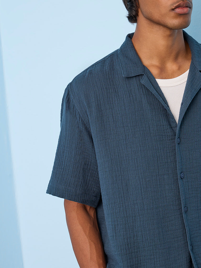 ETA Indigo Crinkle-Textured Relaxed-Fit Cotton Shirt