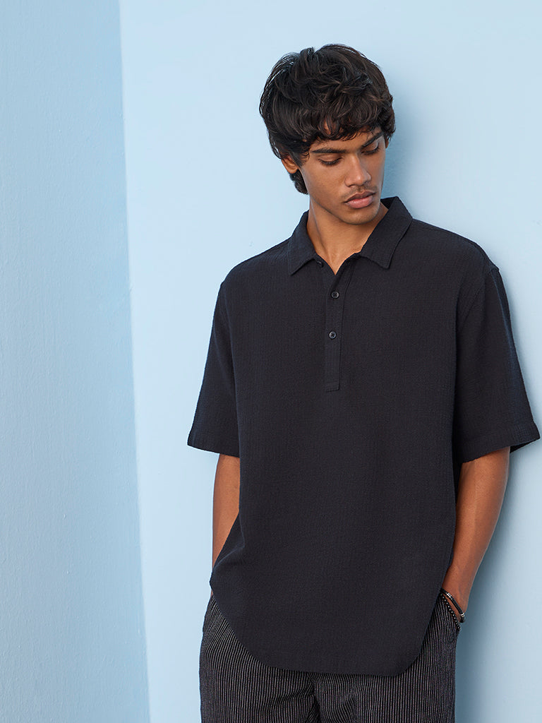 ETA Black Textured Relaxed-Fit Cotton Polo T-Shirt
