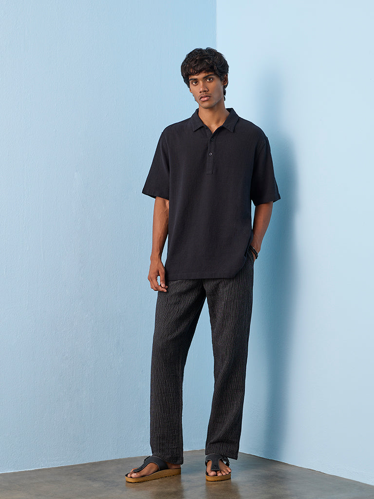 ETA Black Textured Relaxed-Fit Cotton Polo T-Shirt