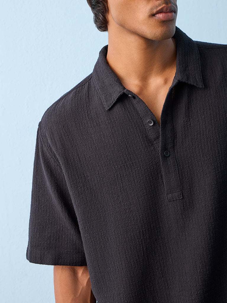 ETA Black Textured Relaxed-Fit Cotton Polo T-Shirt
