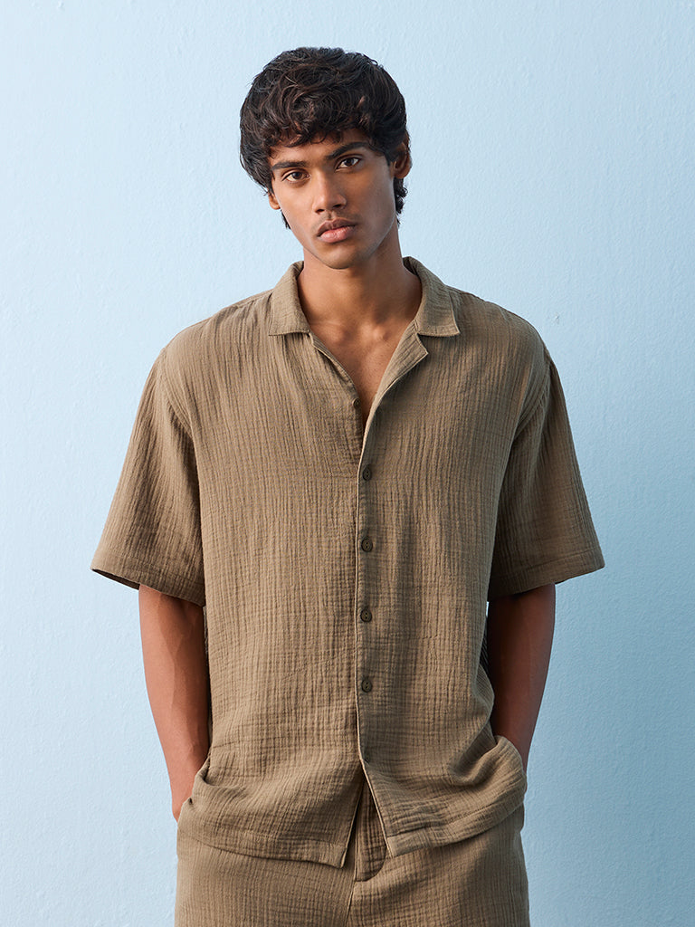 ETA Olive Crinkle Textured Relaxed-Fit Cotton Shirt