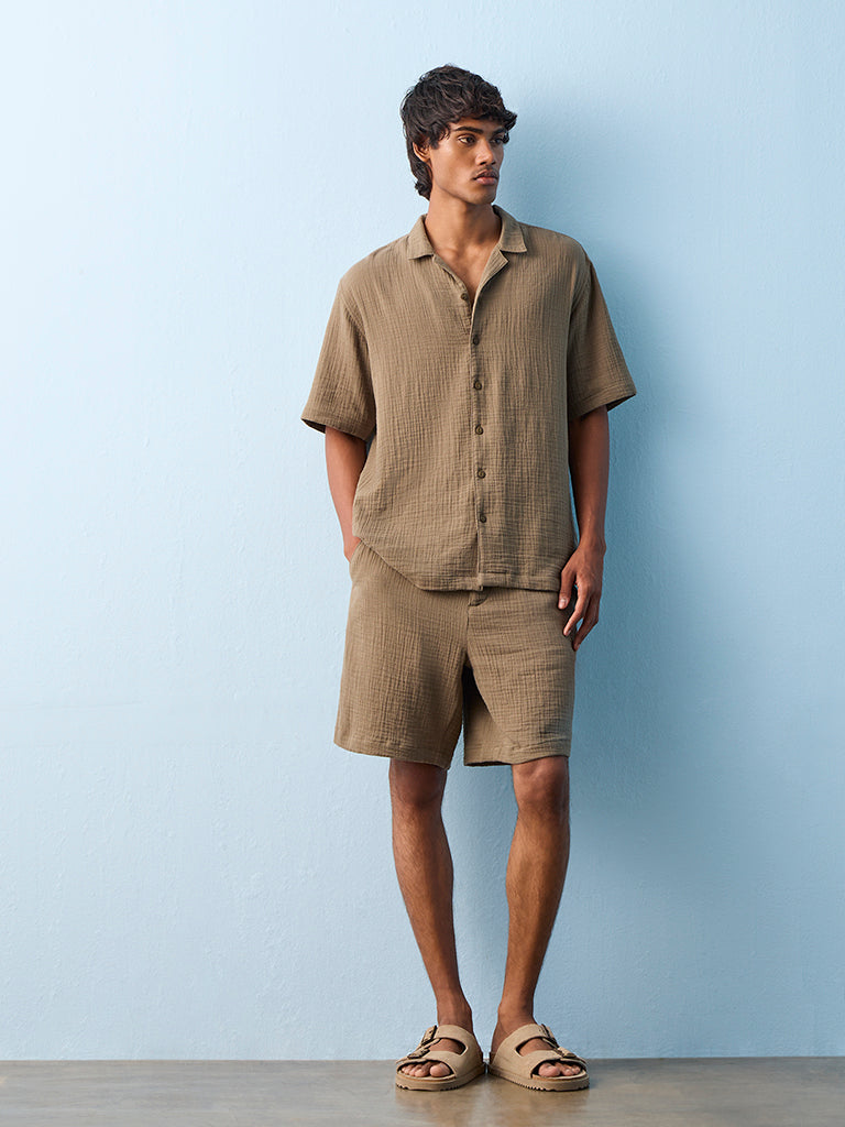 ETA Olive Crinkle Textured Relaxed-Fit Cotton Shirt