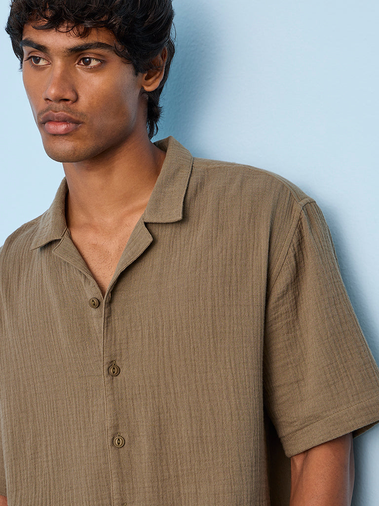 ETA Olive Crinkle Textured Relaxed-Fit Cotton Shirt