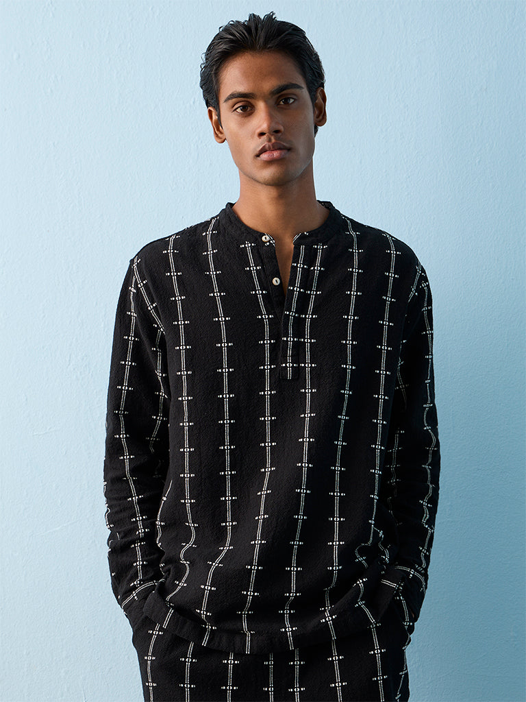 ETA Black Embroidered Relaxed-Fit Cotton Shirt
