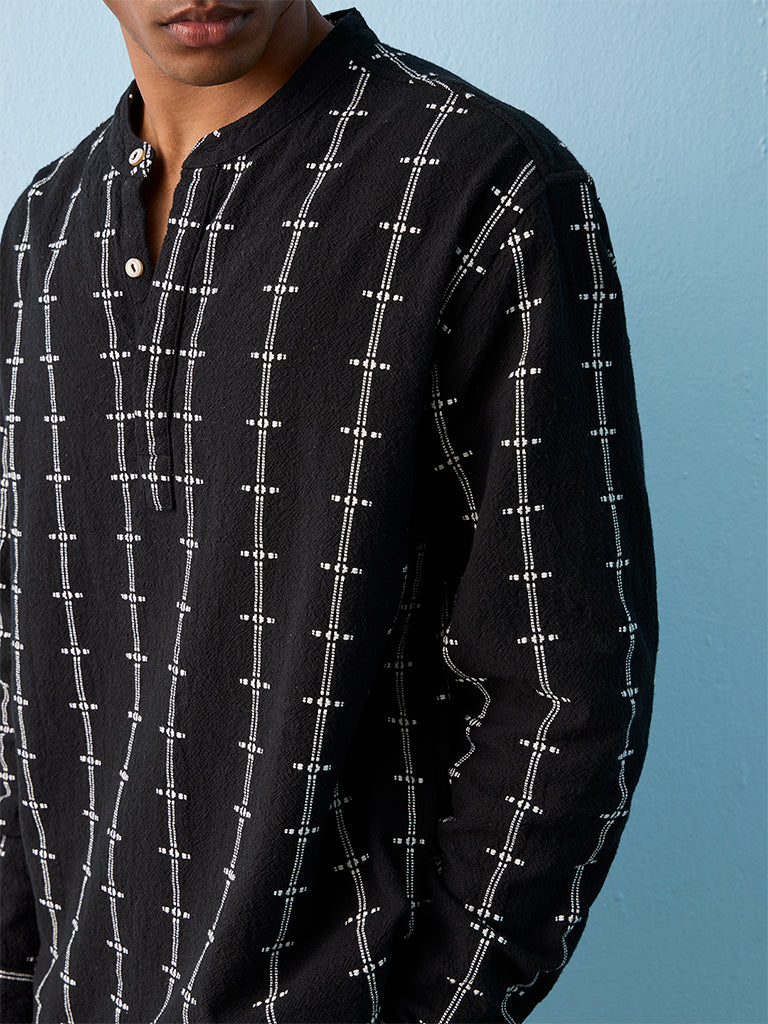 ETA Black Embroidered Relaxed-Fit Cotton Shirt