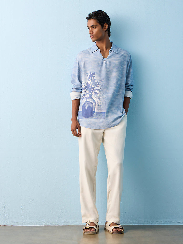 ETA Light-Blue Floral Printed Relaxed-Fit Shirt