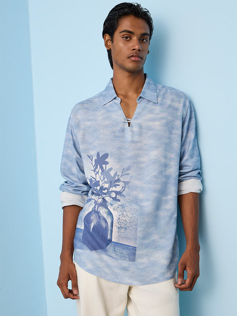 ETA Light-Blue Floral Printed Relaxed-Fit Shirt
