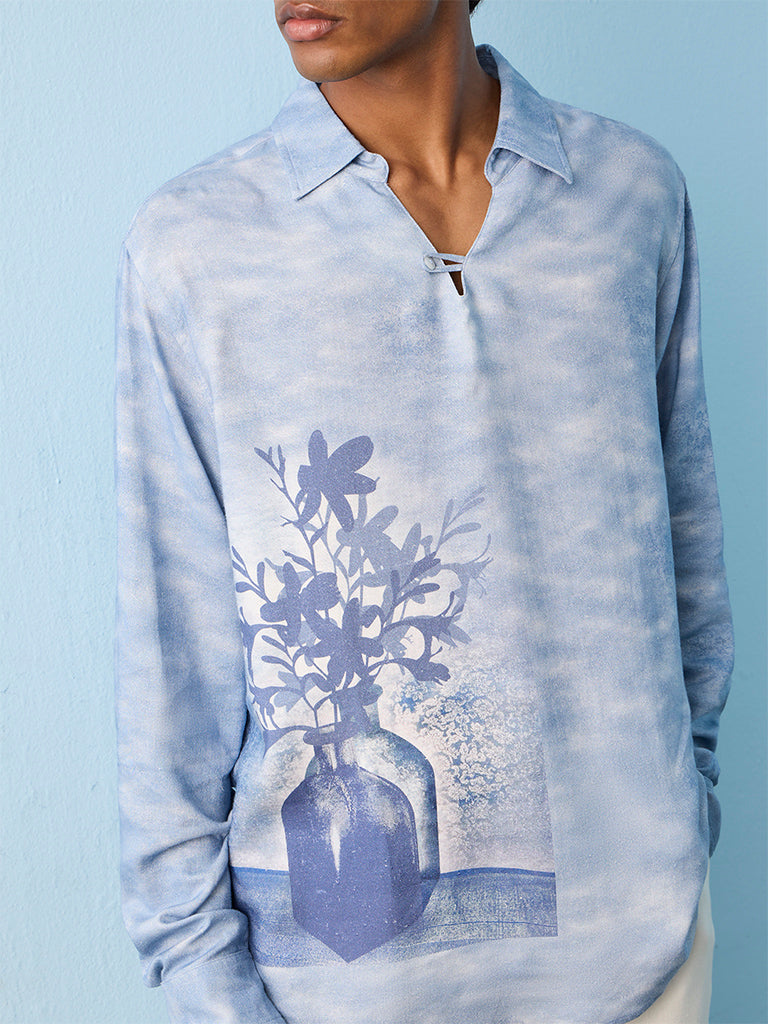 ETA Light-Blue Floral Printed Relaxed-Fit Shirt