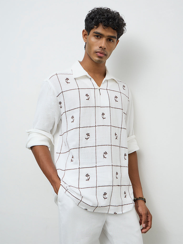 ETA Off-White Floral Embroidered Relaxed-Fit Cotton Shirt