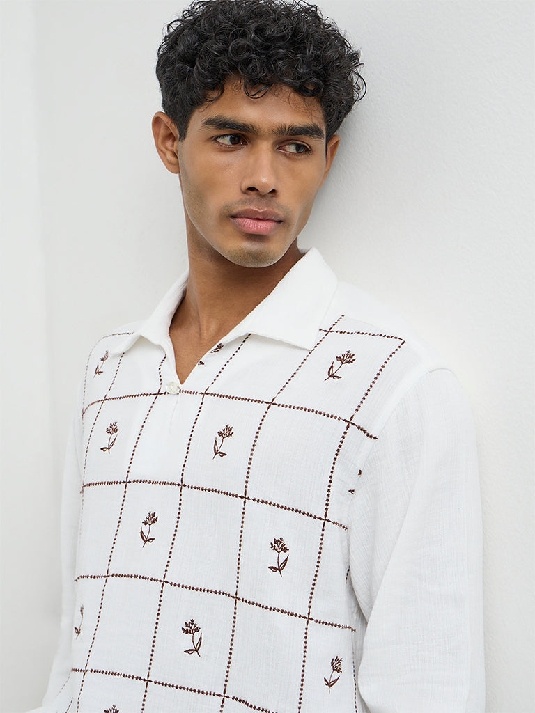 ETA Off-White Floral Embroidered Relaxed-Fit Cotton Shirt