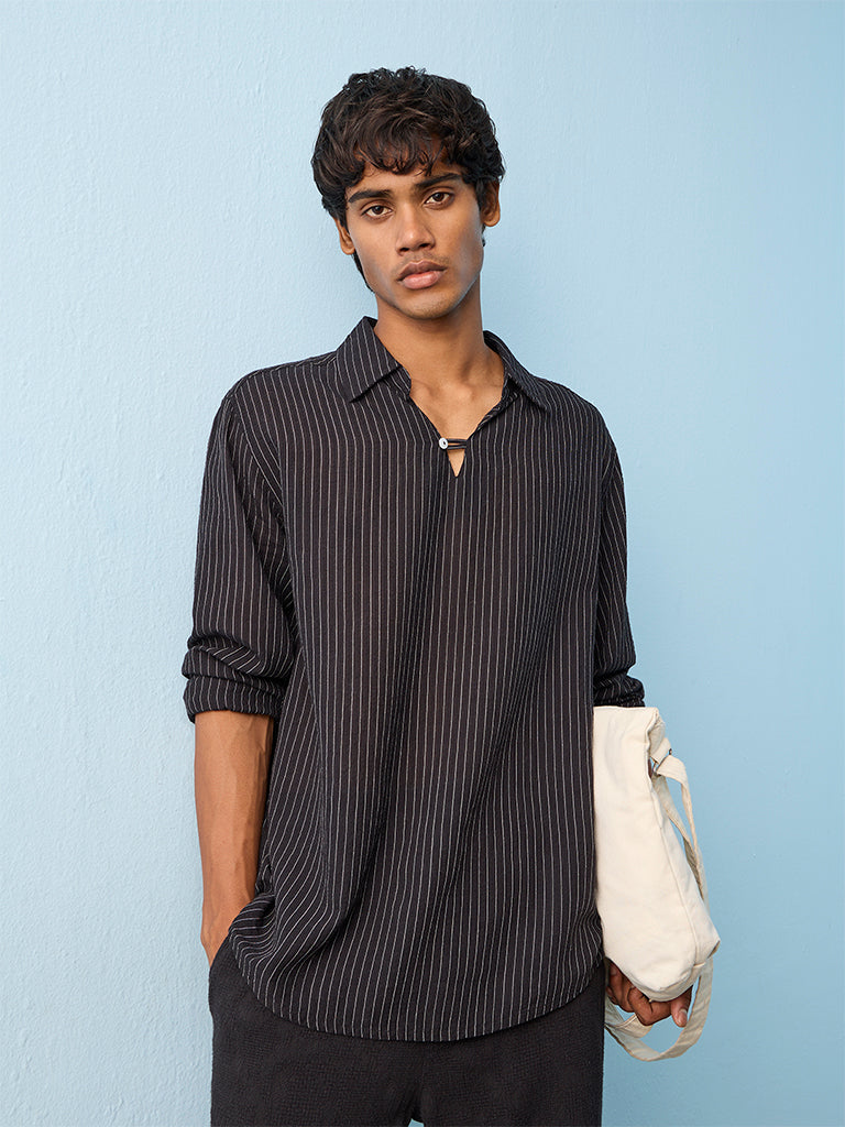 ETA Black Striped Relaxed-Fit Cotton-Blend Shirt