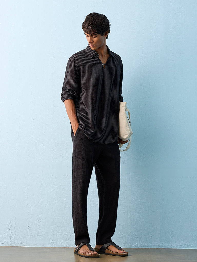 ETA Black Striped Relaxed-Fit Cotton-Blend Shirt