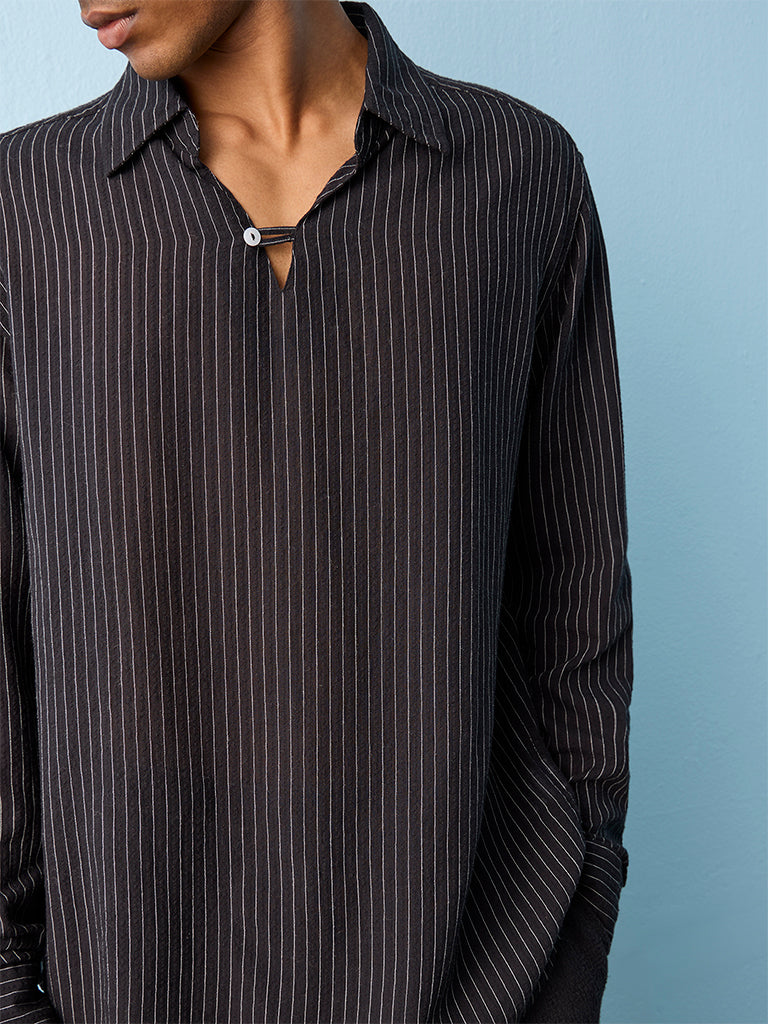 ETA Black Striped Relaxed-Fit Cotton-Blend Shirt
