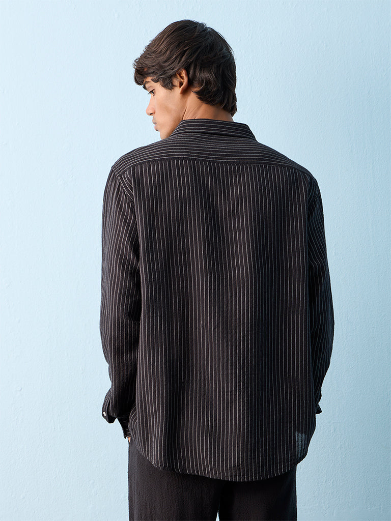 ETA Black Striped Relaxed-Fit Cotton-Blend Shirt