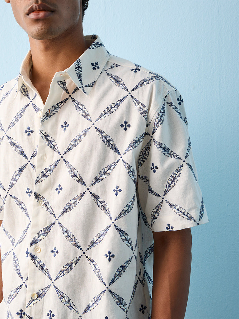 ETA Off-White Botanical Embroidered Relaxed-Fit Cotton-Blend Shirt