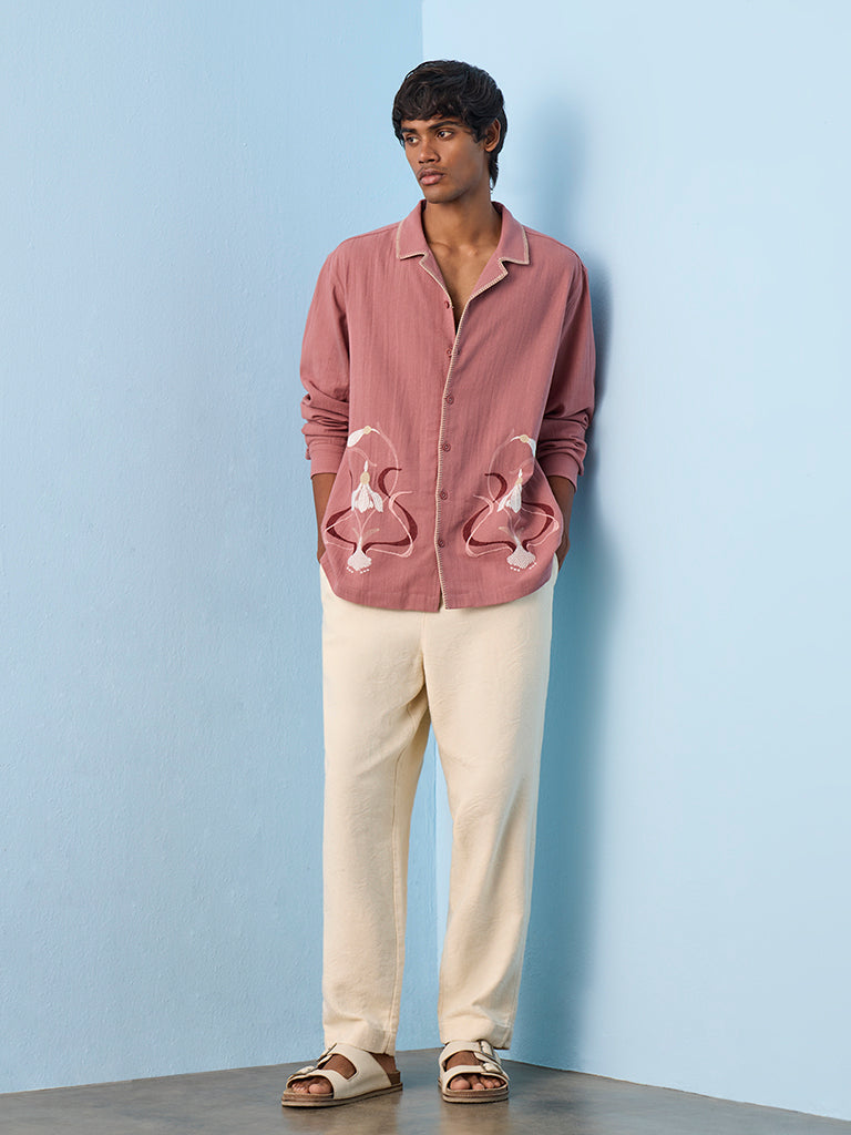ETA Dusty Pink Floral Embroidered Relaxed-Fit Cotton Shirt
