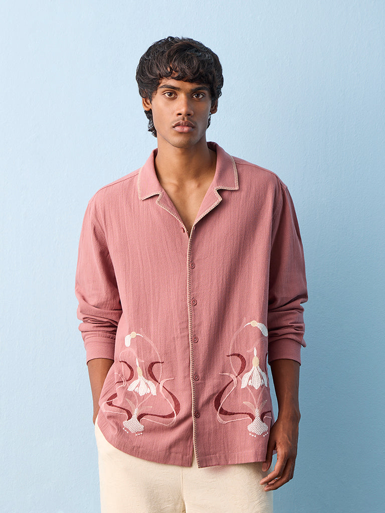 ETA Dusty Pink Floral Embroidered Relaxed-Fit Cotton Shirt