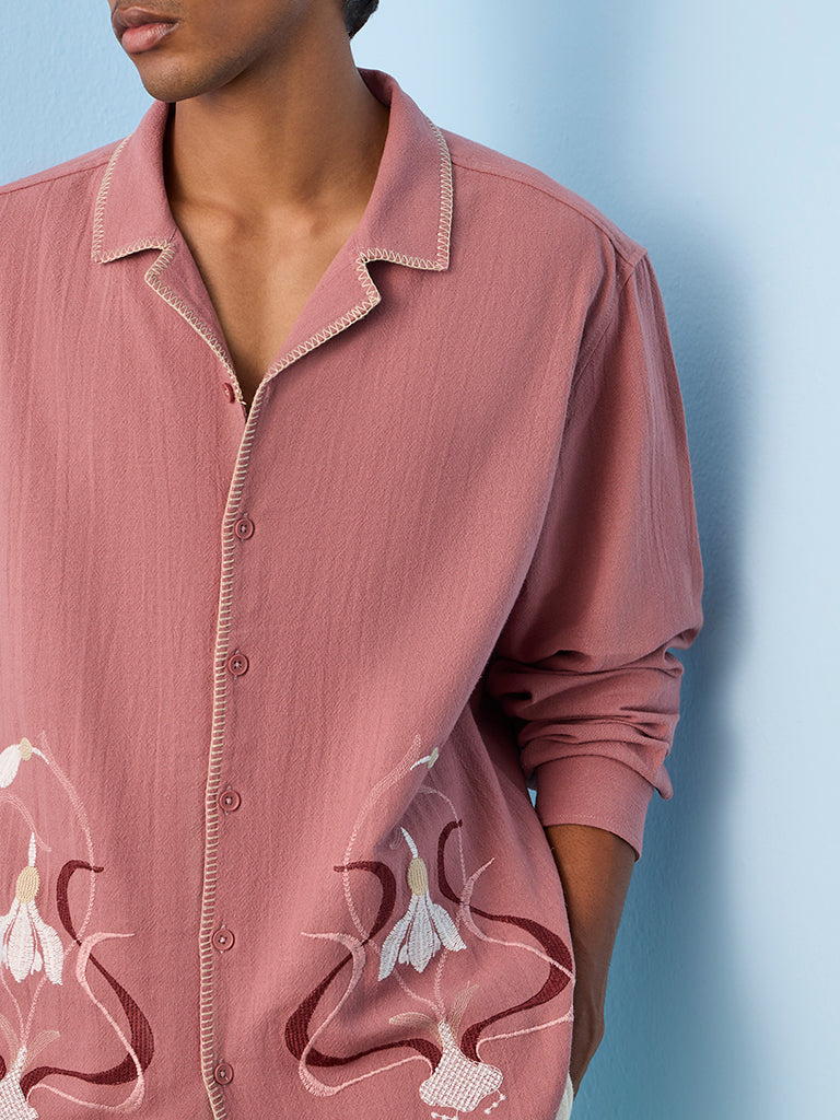 ETA Dusty Pink Floral Embroidered Relaxed-Fit Cotton Shirt