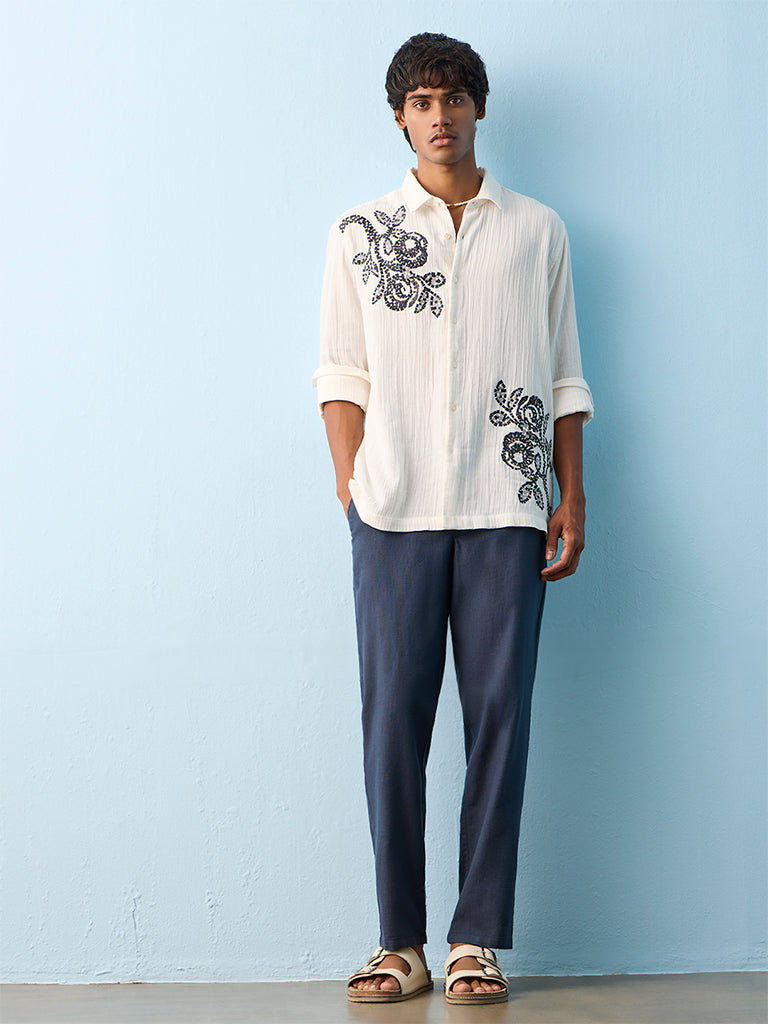 ETA White Floral Embroidered Relaxed-Fit Cotton Shirt
