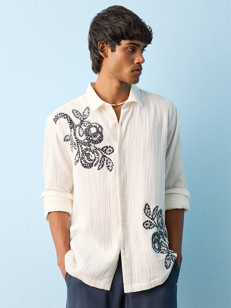 ETA White Floral Embroidered Relaxed-Fit Cotton Shirt