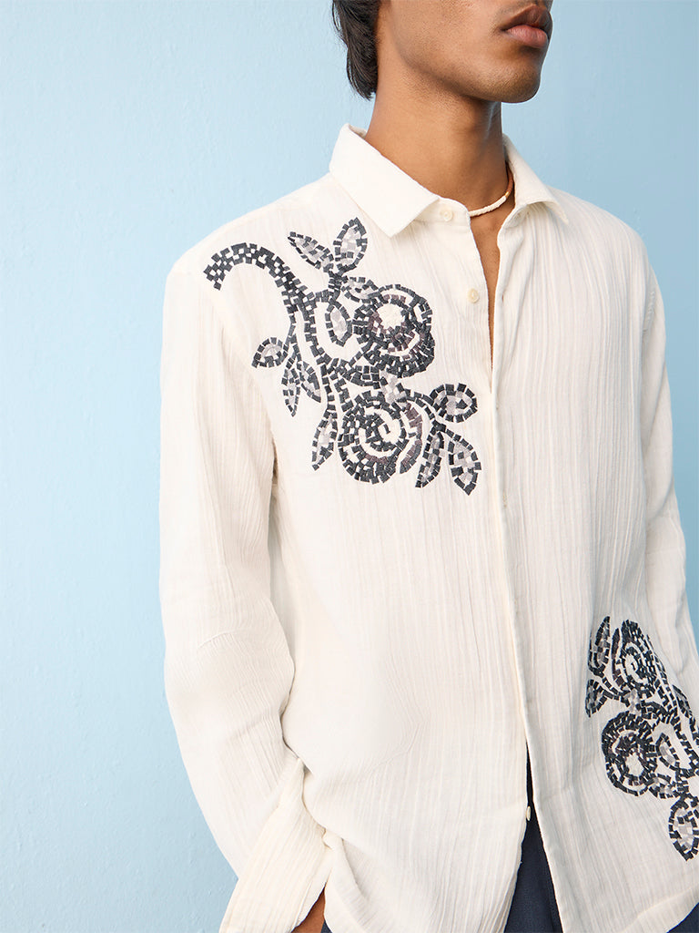 ETA White Floral Embroidered Relaxed-Fit Cotton Shirt