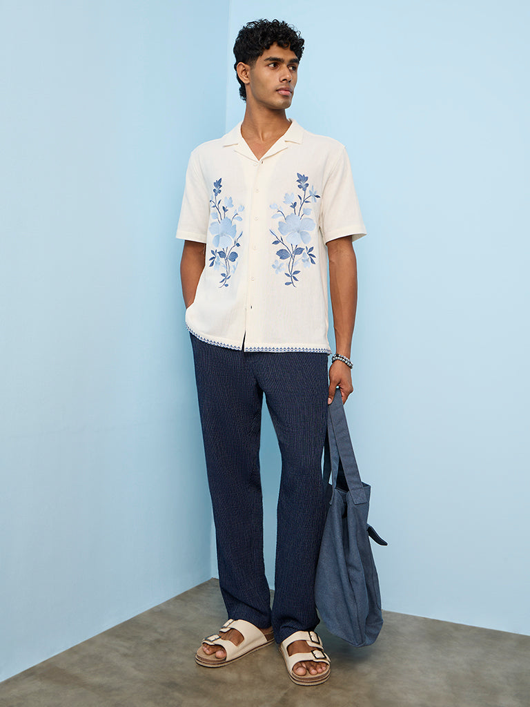 ETA Off-White Floral Embroidered Relaxed-Fit Cotton Shirt