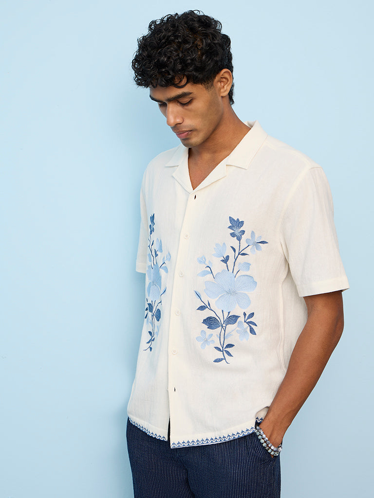 ETA Off-White Floral Embroidered Relaxed-Fit Cotton Shirt