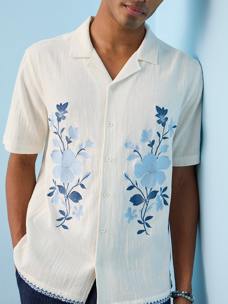 ETA Off-White Floral Embroidered Relaxed-Fit Cotton Shirt