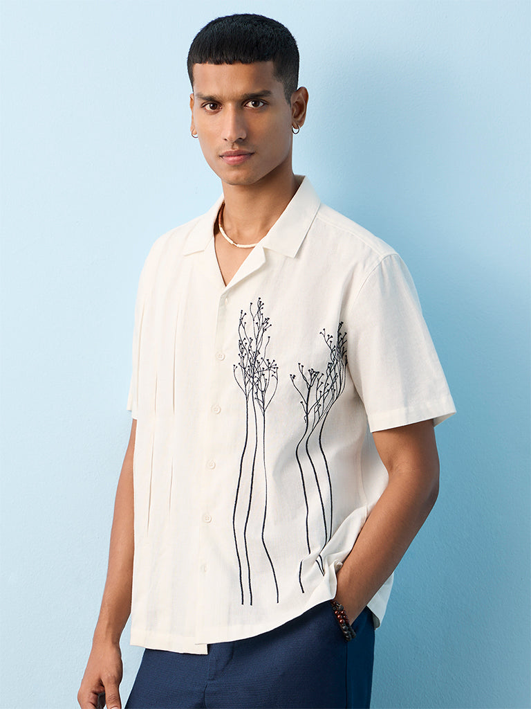 ETA Off-White Embroidered Relaxed-Fit Cotton-Blend Shirt