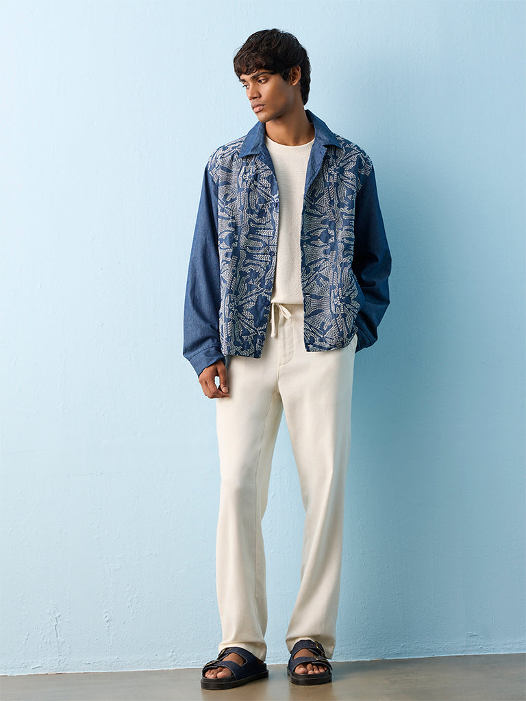 ETA Indigo Abstract Embroidered Relaxed-Fit Cotton-Blend Shirt