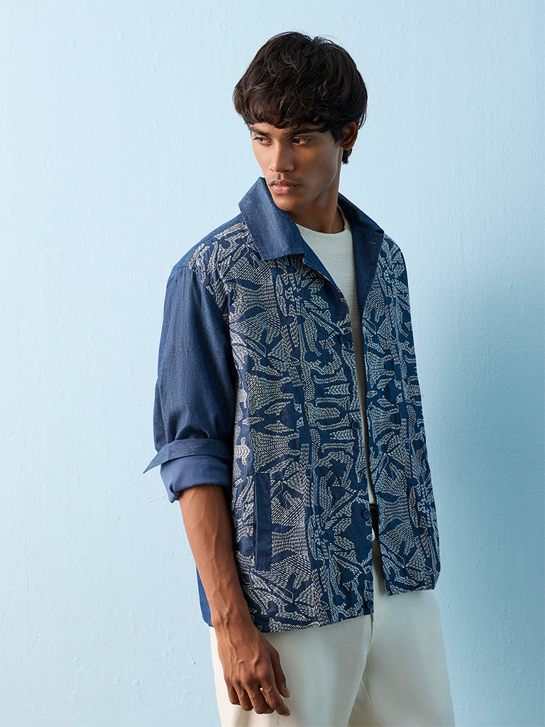 ETA Indigo Abstract Embroidered Relaxed-Fit Cotton-Blend Shirt